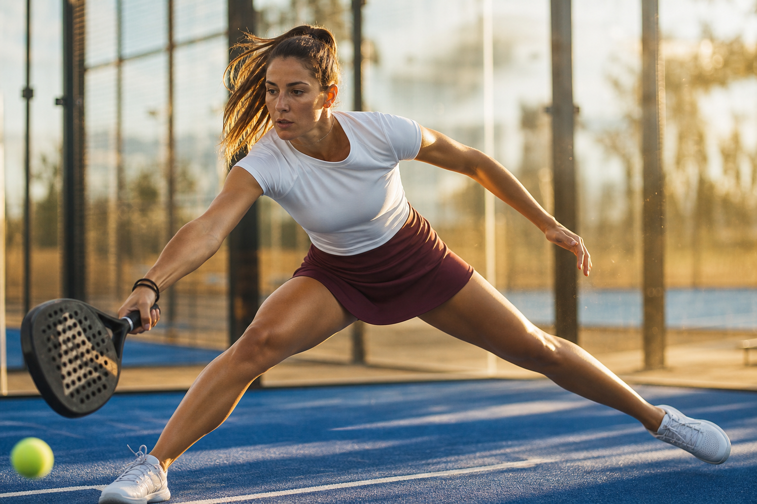 Player mid lateral movement on a padel court in BANDEJA kit